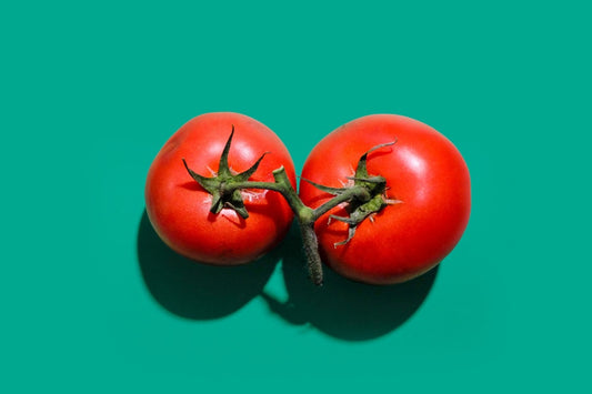 Two tomatoes on a green canvas